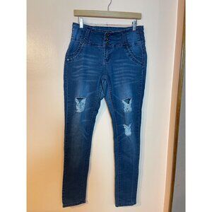 Distressed Blue Skinny Jeans By GoGo Size 9 High-Waisted Stretch Denim 70%Cotton